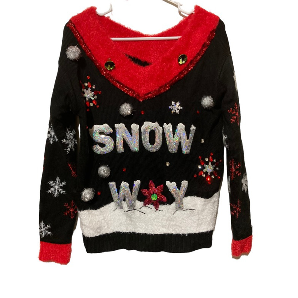 Holiday Time Womens Pullover Sweater Black Embellished Bells Snow Way V Neck S